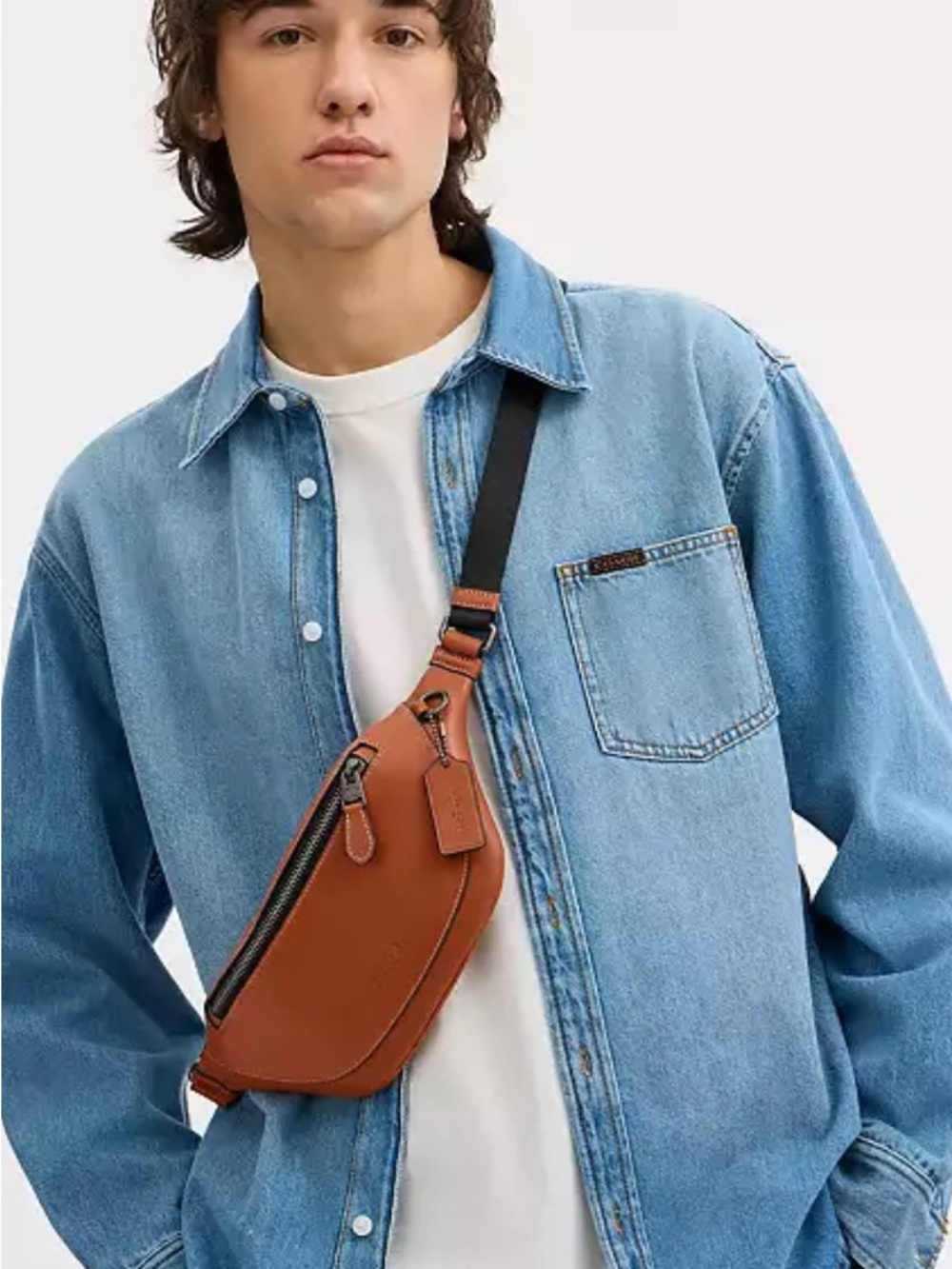 COACH brown Leather canvas logo Men’s wareen mini Belt Bag new
